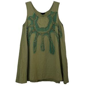 Peacock Ways Linen Tunic Medium Collage Patches Lagenlook Sleeveless Top Boho